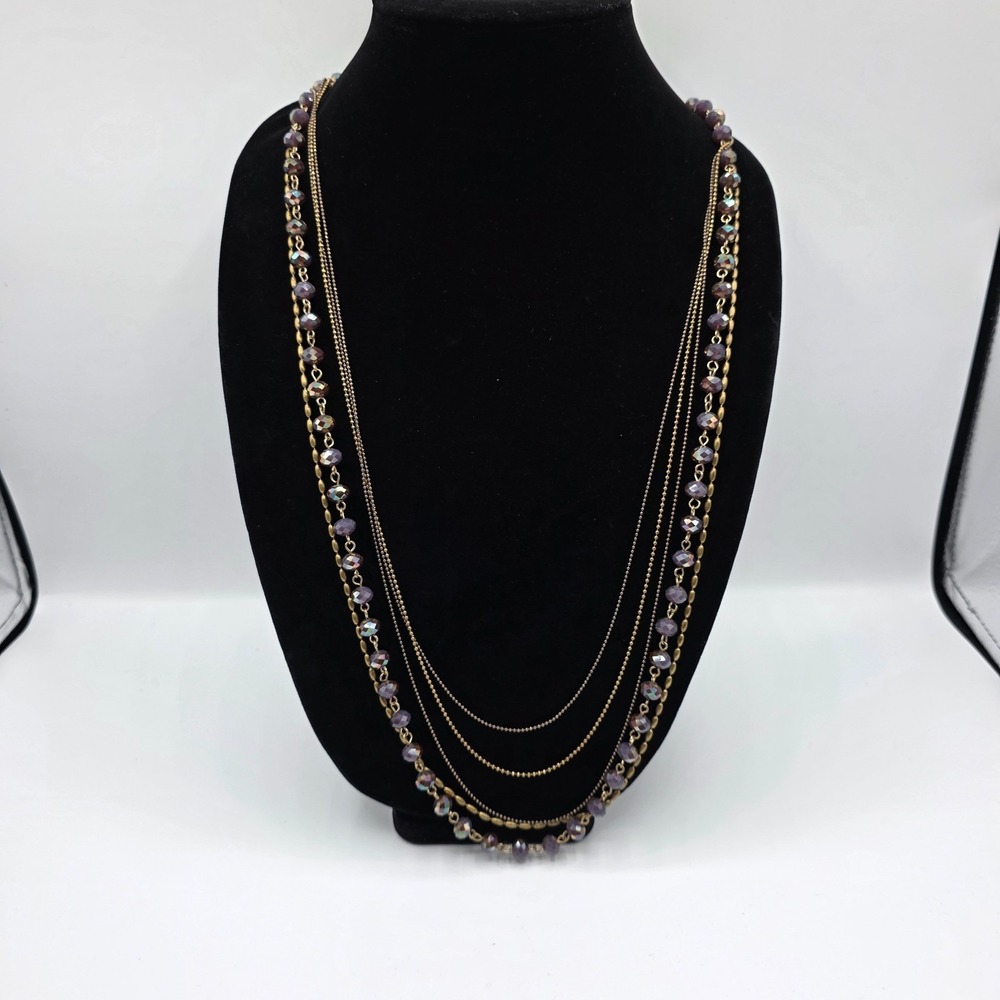 Womens Multi Strand Gold Tone Purple Crystal Beaded Necklace Flickering Chic 40"